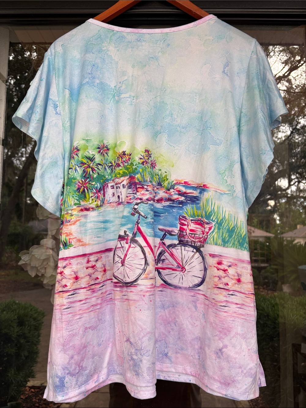 Art & Sol Florida Tropical Pastel Beach Scene V-Neck Top with Bicycle Print - Picture 2 of 5